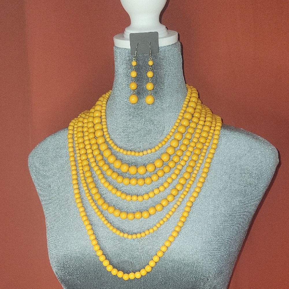 Yellow Beaded Necklace and Earring Set